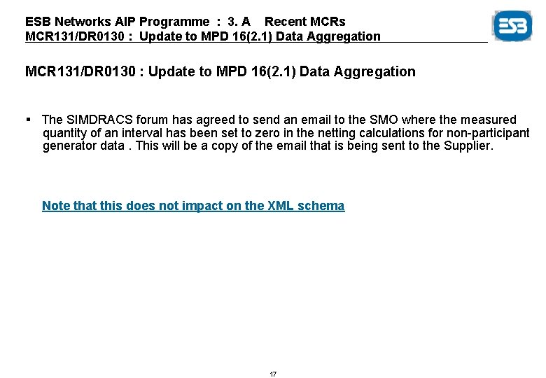 ESB Networks AIP Programme : 3. A Recent MCRs MCR 131/DR 0130 : Update