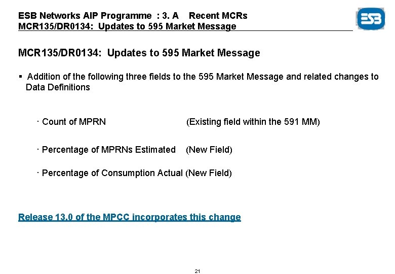 ESB Networks AIP Programme : 3. A Recent MCRs MCR 135/DR 0134: Updates to