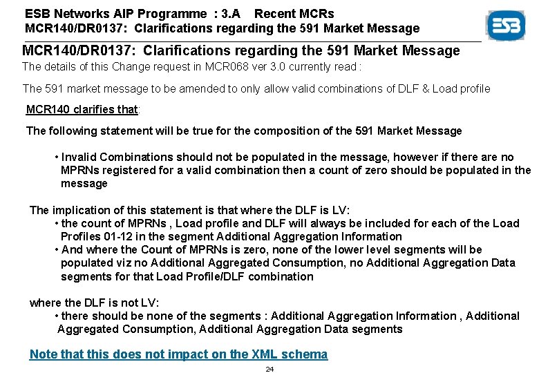 ESB Networks AIP Programme : 3. A Recent MCRs MCR 140/DR 0137: Clarifications regarding