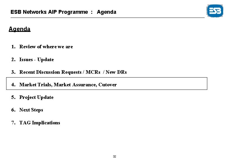 ESB Networks AIP Programme : Agenda 1. Review of where we are 2. Issues