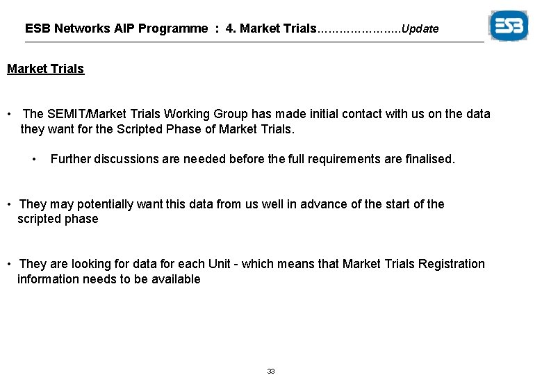 ESB Networks AIP Programme : 4. Market Trials…………………. . Update Market Trials • The