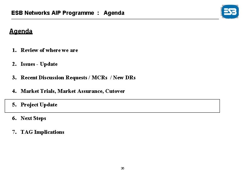 ESB Networks AIP Programme : Agenda 1. Review of where we are 2. Issues