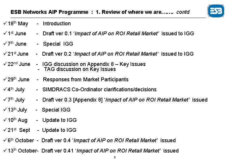 ESB Networks AIP Programme : 1. Review of where we are……. contd ü 18