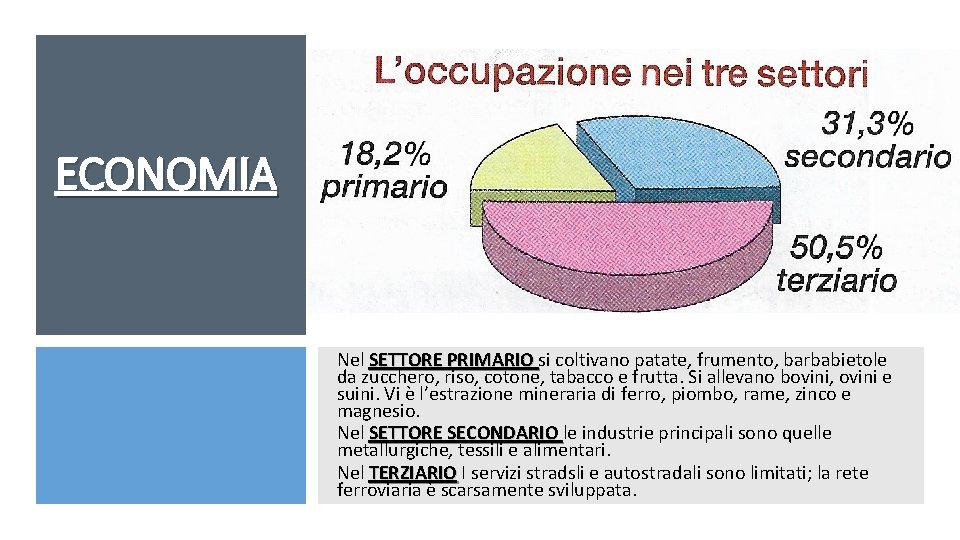 ECONOMIA Nel SETTORE PRIMARIO si coltivano patate, frumento, barbabietole da zucchero, riso, cotone, tabacco