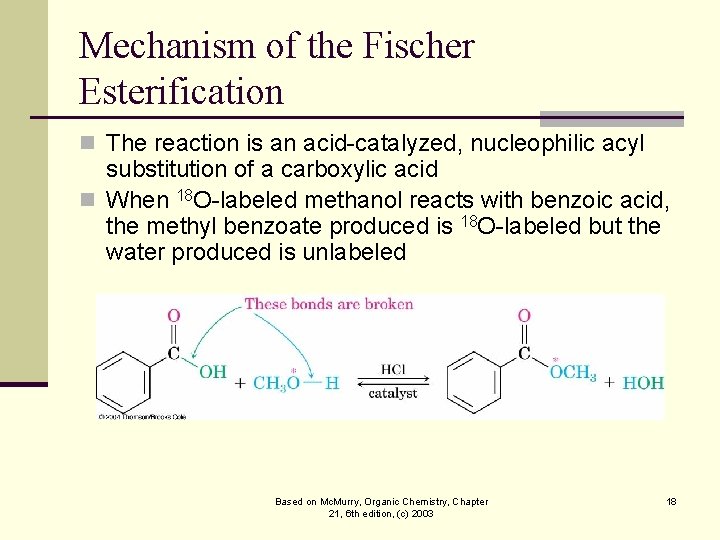 Mechanism of the Fischer Esterification n The reaction is an acid-catalyzed, nucleophilic acyl substitution