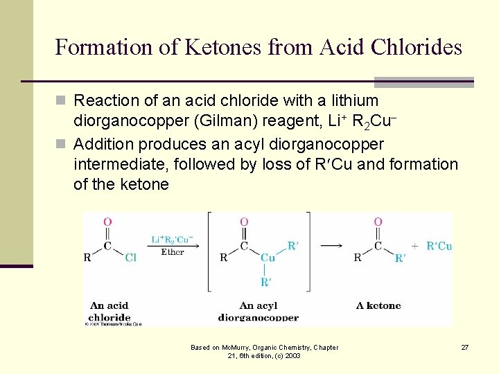 Formation of Ketones from Acid Chlorides n Reaction of an acid chloride with a