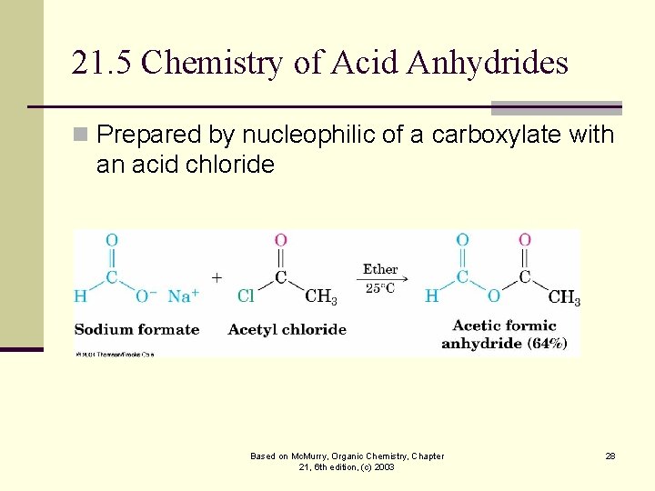 21. 5 Chemistry of Acid Anhydrides n Prepared by nucleophilic of a carboxylate with