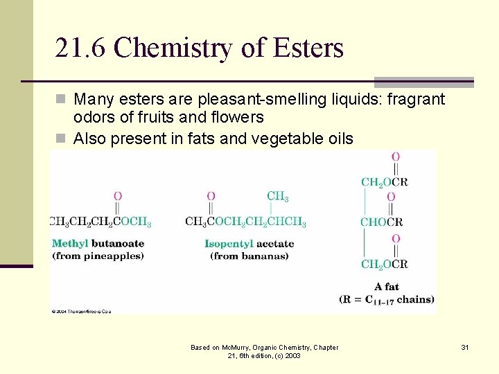 21. 6 Chemistry of Esters n Many esters are pleasant-smelling liquids: fragrant odors of