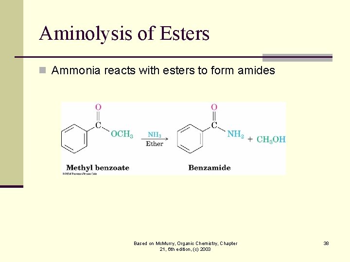 Aminolysis of Esters n Ammonia reacts with esters to form amides Based on Mc.