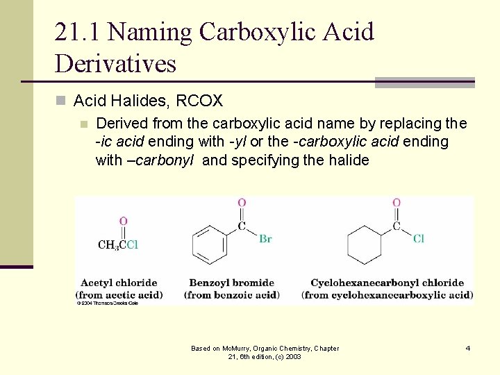 21. 1 Naming Carboxylic Acid Derivatives n Acid Halides, RCOX n Derived from the