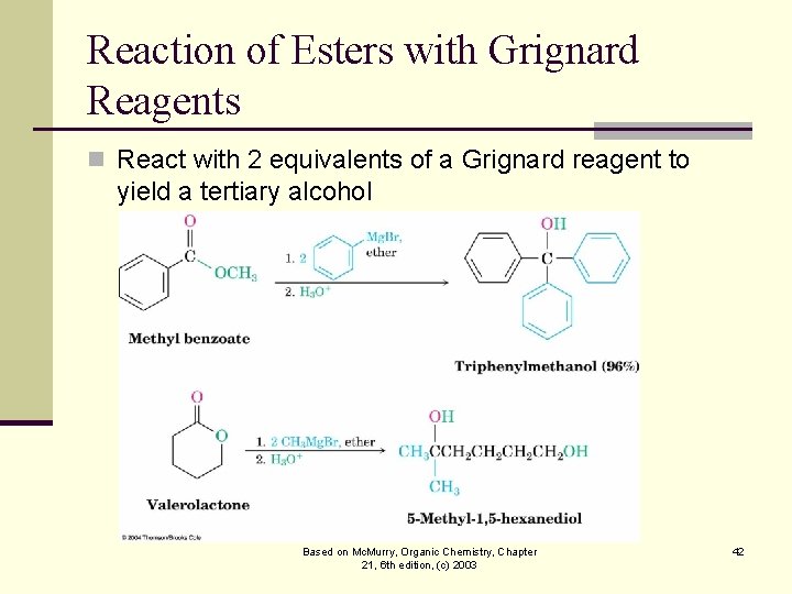 Reaction of Esters with Grignard Reagents n React with 2 equivalents of a Grignard