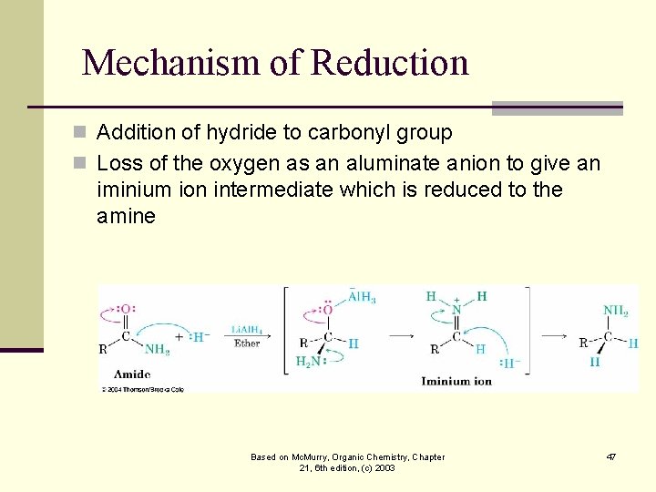 Mechanism of Reduction n Addition of hydride to carbonyl group n Loss of the