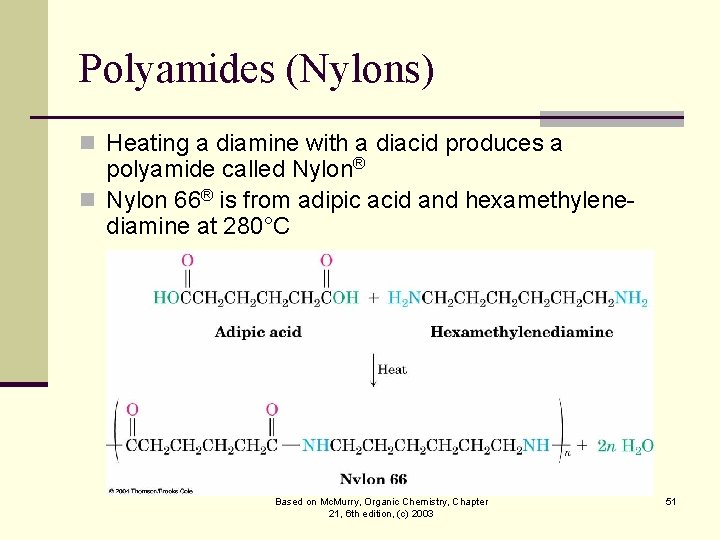 Polyamides (Nylons) n Heating a diamine with a diacid produces a polyamide called Nylon®