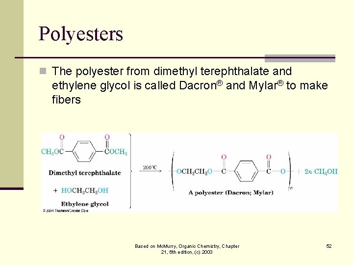 Polyesters n The polyester from dimethyl terephthalate and ethylene glycol is called Dacron® and
