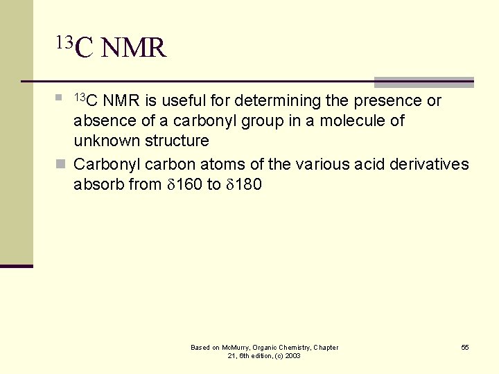 13 C NMR is useful for determining the presence or absence of a carbonyl
