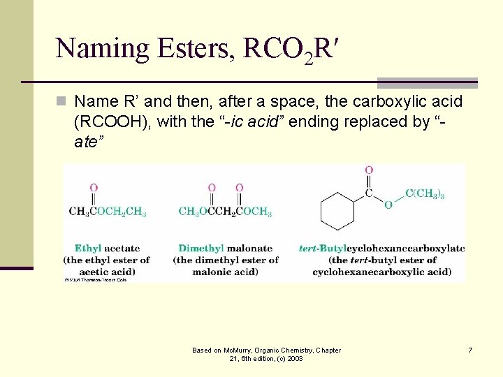 Naming Esters, RCO 2 R n Name R’ and then, after a space, the