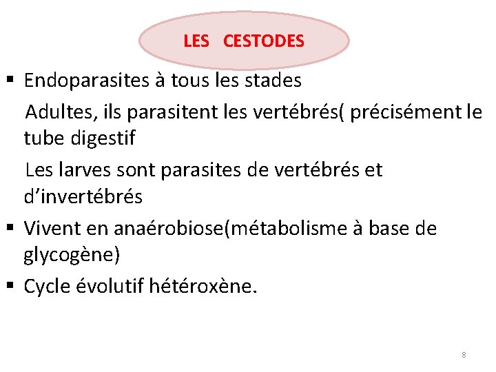 LES CESTODES § Endoparasites à tous les stades Adultes, ils parasitent les vertébrés( précisément