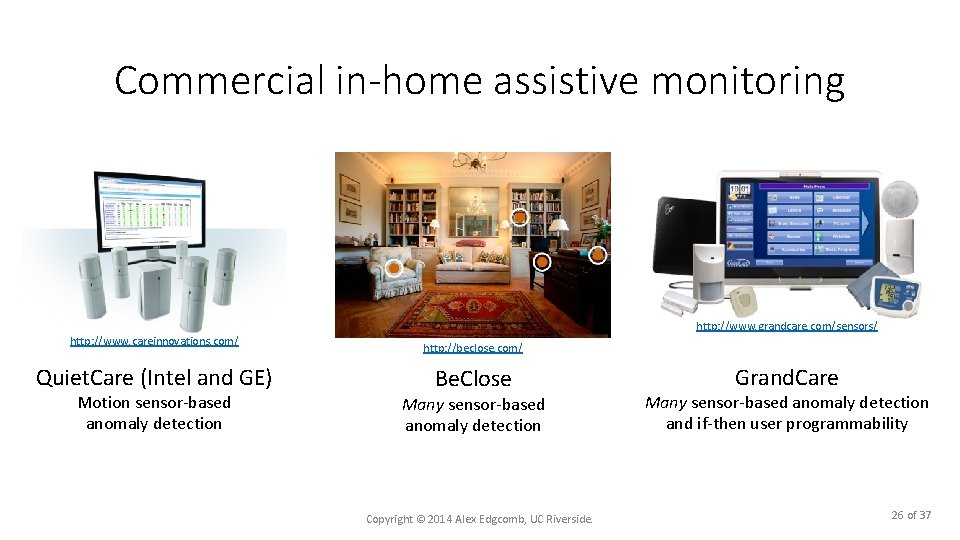 Commercial in-home assistive monitoring http: //www. grandcare. com/sensors/ http: //www. careinnovations. com/ Quiet. Care