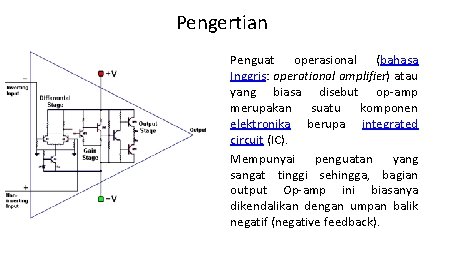 Pengertian • • Penguat operasional (bahasa Inggris: operational amplifier) atau yang biasa disebut op-amp