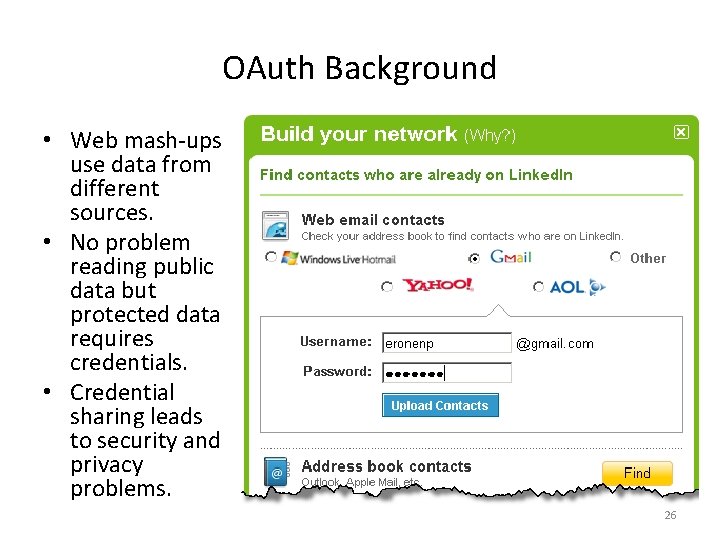 OAuth Background • Web mash-ups use data from different sources. • No problem reading