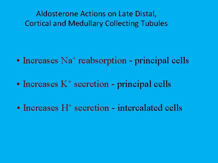 Aldosterone Actions on Late Distal, Cortical and Medullary Collecting Tubules • Increases Na+ reabsorption