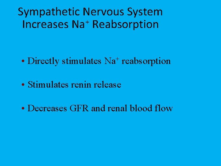 Sympathetic Nervous System Increases Na+ Reabsorption • Directly stimulates Na+ reabsorption • Stimulates renin