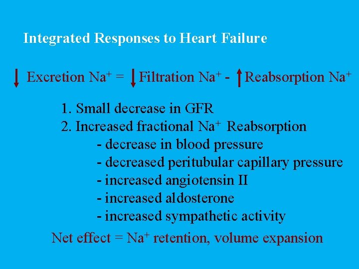 Integrated Responses to Heart Failure Excretion Na+ = Filtration Na+ - Reabsorption Na+ 1.