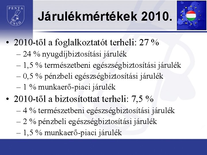 Járulékmértékek 2010. • 2010 -től a foglalkoztatót terheli: 27 % – 24 % nyugdíjbiztosítási