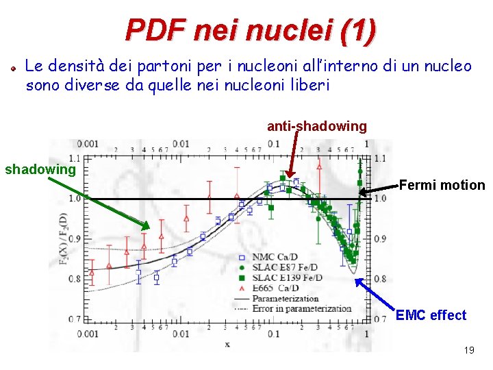 PDF nei nuclei (1) Le densità dei partoni per i nucleoni all’interno di un