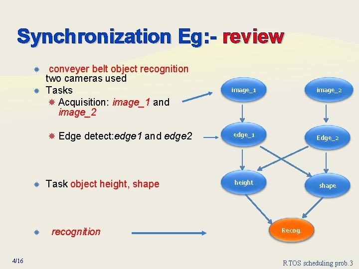 Synchronization Eg: - review 4/16 conveyer belt object recognition two cameras used Tasks Acquisition: