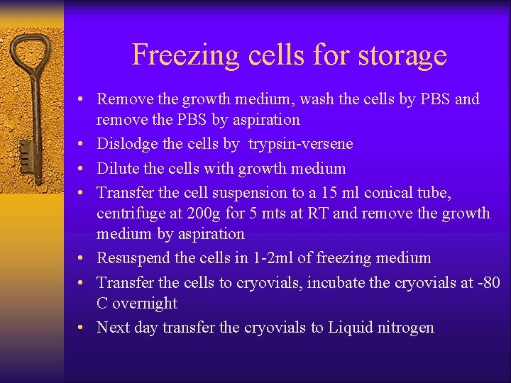 Freezing cells for storage • Remove the growth medium, wash the cells by PBS