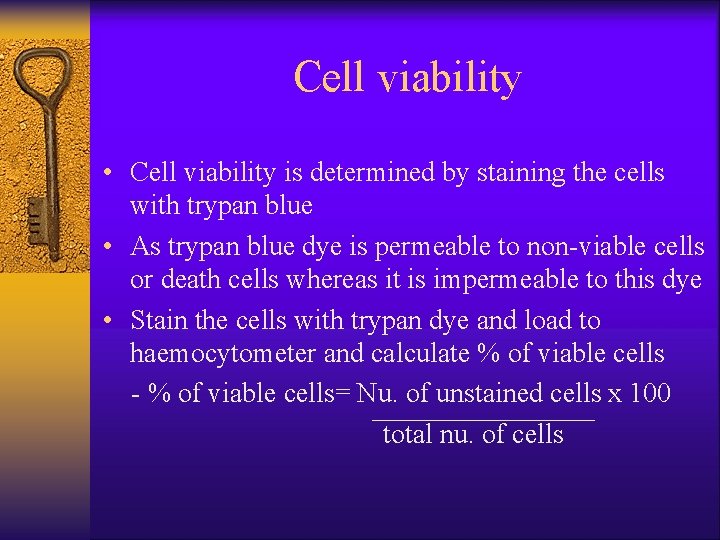 Cell viability • Cell viability is determined by staining the cells with trypan blue