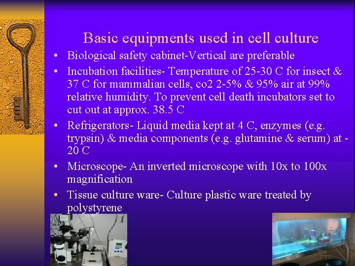 Basic equipments used in cell culture • Biological safety cabinet-Vertical are preferable • Incubation