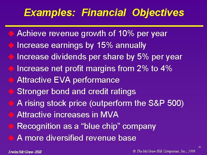 Examples: Financial Objectives Achieve revenue growth of 10% per year u Increase earnings by