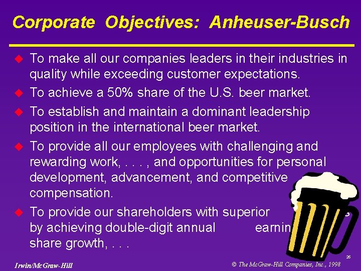 Corporate Objectives: Anheuser-Busch u u u To make all our companies leaders in their