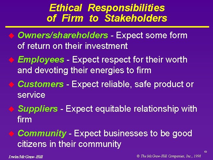 Ethical Responsibilities of Firm to Stakeholders u Owners/shareholders - Expect some form of return
