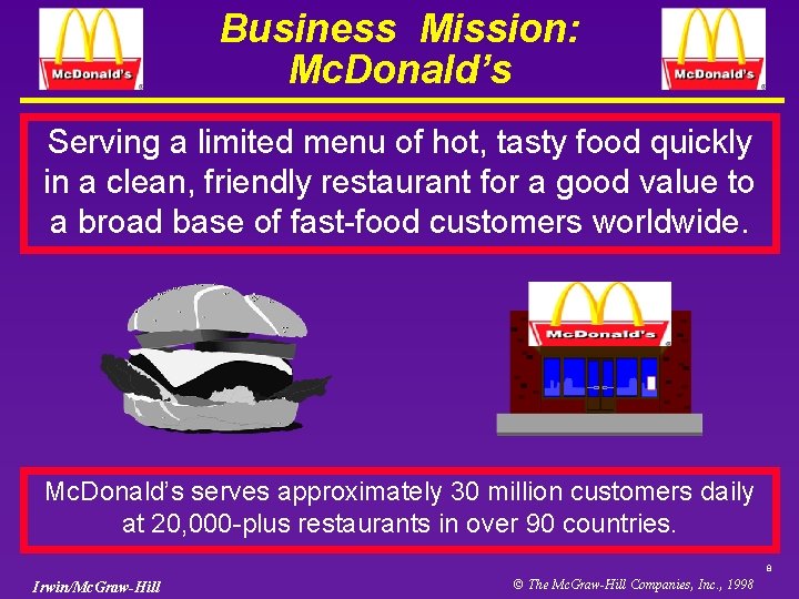 Business Mission: Mc. Donald’s Serving a limited menu of hot, tasty food quickly in