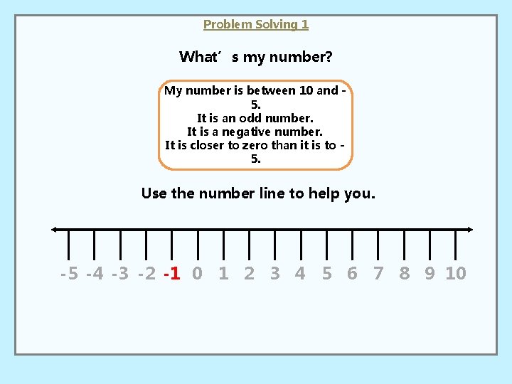 Problem Solving 1 What’s my number? My number is between 10 and 5. It