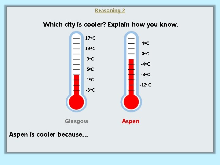 Reasoning 2 Which city is cooler? Explain how you know. 17 o. C 4