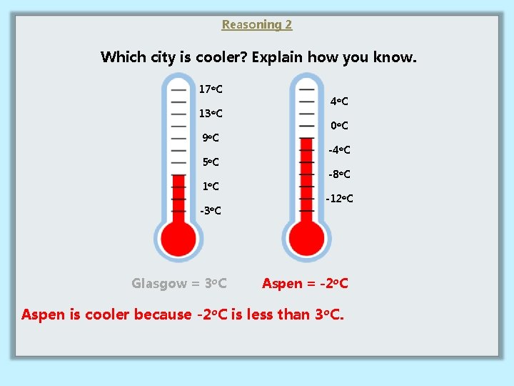 Reasoning 2 Which city is cooler? Explain how you know. 17 o. C 13