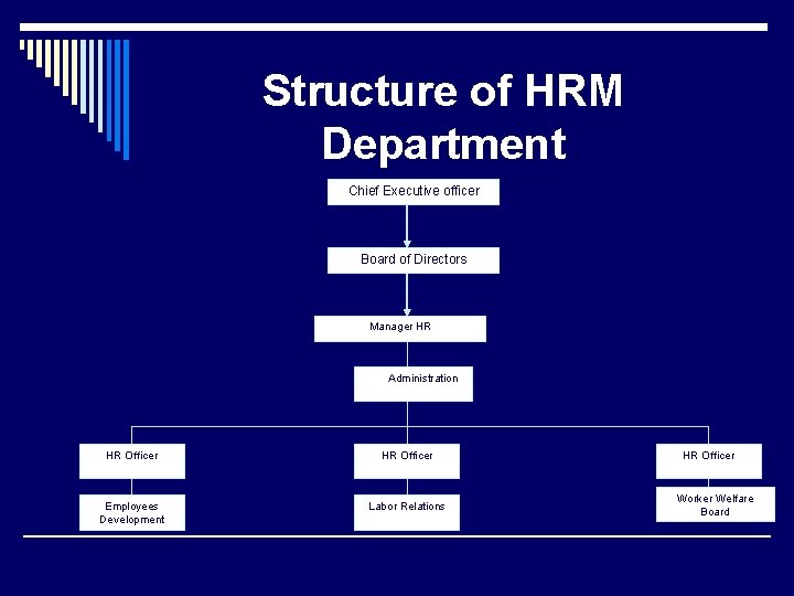 Structure of HRM Department Chief Executive officer Board of Directors Manager HR HR Administration