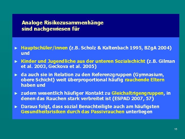 Analoge Risikozusammenhänge sind nachgewiesen für ► Hauptschüler/innen (z. B. Scholz & Kaltenbach 1995, BZg.