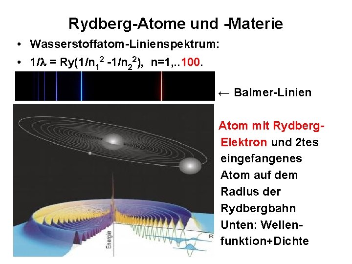 Rydberg-Atome und -Materie • Wasserstoffatom-Linienspektrum: • 1/ = Ry(1/n 12 -1/n 22), n=1, .