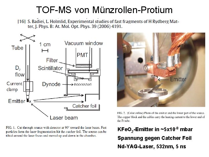 TOF-MS von Münzrollen-Protium KFe. O 2 -Emitter in ~5 x 10 -8 mbar Spannung