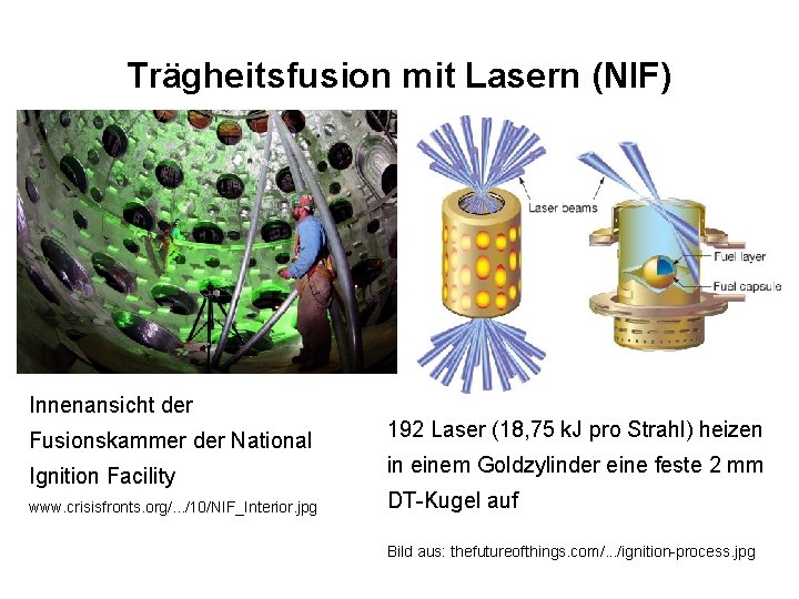 Trägheitsfusion mit Lasern (NIF) Innenansicht der Fusionskammer der National Ignition Facility www. crisisfronts. org/.