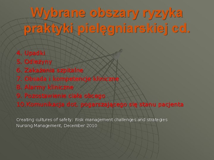 Wybrane obszary ryzyka praktyki pielęgniarskiej cd. 4. Upadki 5. Odleżyny 6. Zakażenia szpitalne 7.