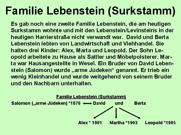 Familie Lebenstein (Surkstamm) Es gab noch eine zweite Familie Lebenstein, die am heutigen Surkstamm