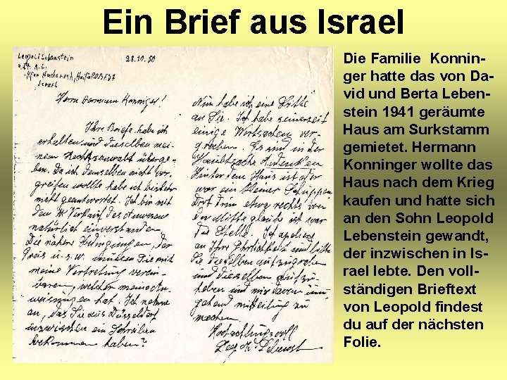 Ein Brief aus Israel Die Familie Konninger hatte das von David und Berta Lebenstein