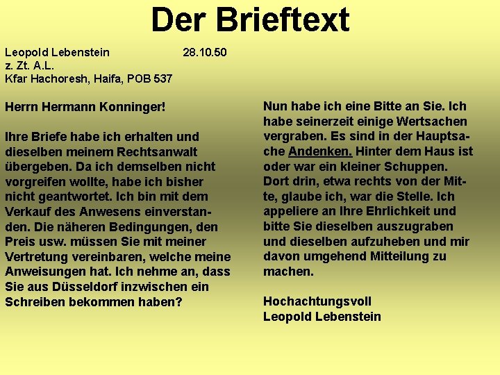 Der Brieftext Leopold Lebenstein 28. 10. 50 z. Zt. A. L. Kfar Hachoresh, Haifa,