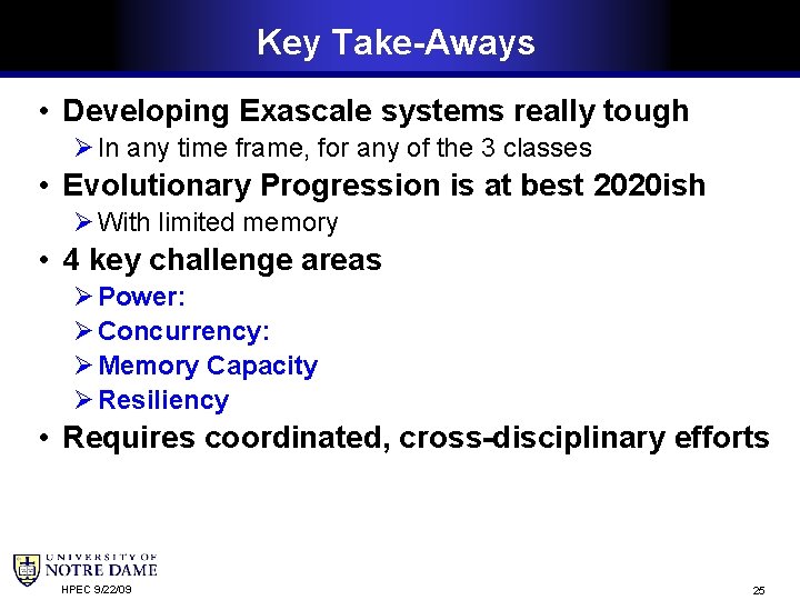 Key Take-Aways • Developing Exascale systems really tough In any time frame, for any